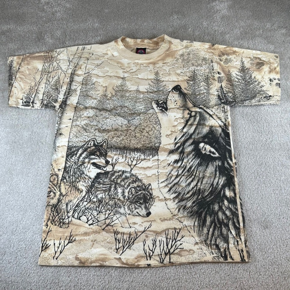 Vintage 90s Wolf All Over Print T-Shirt Men's Large Tan Brown AOP Nature Tee USA